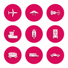 Set Scooter, School Bus, Sedan car, Double decker bus, Retro minivan, Fishing boat, Formula race and Plane icon. Vector