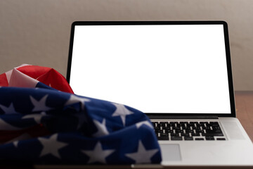 Laptop with USA flag, screen Isolated on white background