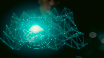 Businessman hand holding a cloud. Cloud computing concept, close up of young businessman with a cloud over his hand. The concept of cloud service