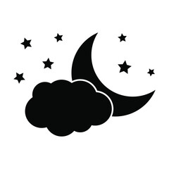 Night icon, moon with clouds and stars icon in flat style.