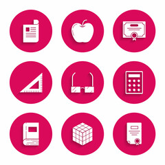 Set Glasses, Rubik cube, Certificate template, Calculator, Book, Triangular ruler, and Document icon. Vector