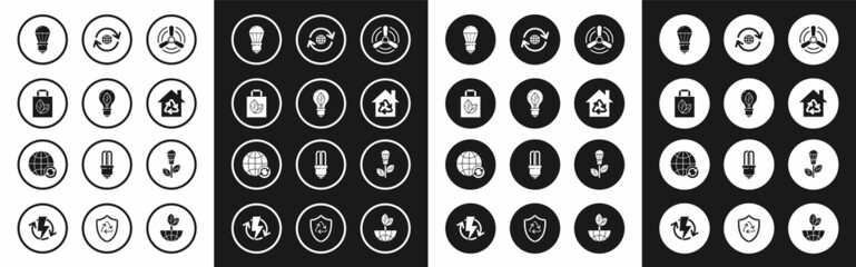 Set Wind turbine, Light bulb with leaf, Paper shopping bag recycle, LED light, Eco House recycling symbol, Planet earth and, and icon. Vector