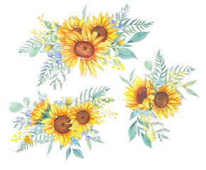 Bouquets of sunflowers and wild flowers. Watercolor illustration, isolated on white background