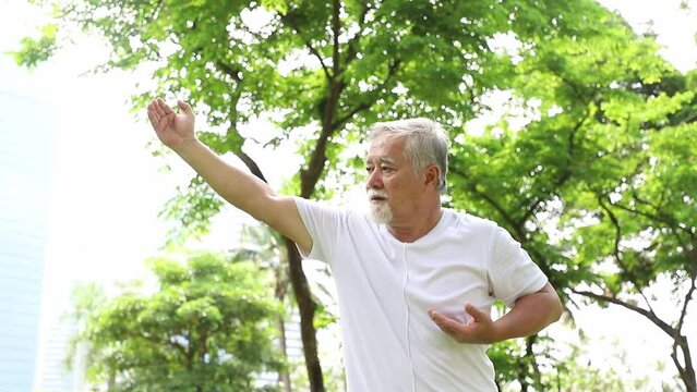 An elderly man doing yoga lesson and Tai Chi in the garden with smiles brightly and enjoys from exercise. Healthy insurance and relaxation after retirement concept.