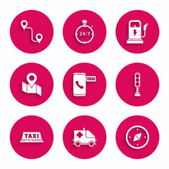 Set Taxi call telephone service, Ambulance and emergency car, Compass, Traffic light, roof, Folded map with location marker, Electric charging station and Route icon. Vector