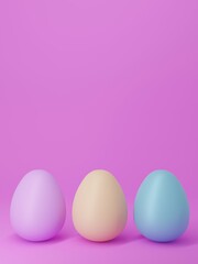 Three colorful eggs on a plain pink background. 3D render.