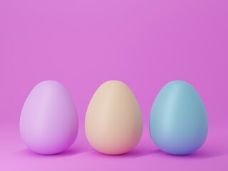 Three colorful eggs on a plain pink background. 3D render.