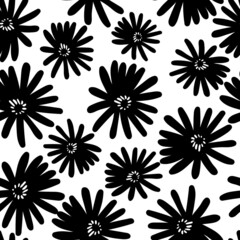 Seamless floral pattern based on traditional folk art ornaments. Black flowers on white background. Scandinavian style. Sweden nordic style. Monochrome vector illustration for textile, wallpaper