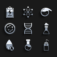 Set DNA symbol, Test tube and flask chemical, Laboratory wash bottle, Water drop, Bacteria, and clipboard with checklist icon. Vector