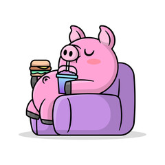 FUNNY FAT PIG IS LYING ON SOFA AND EATING SNACK. CARTOON ILLUSTRATION.