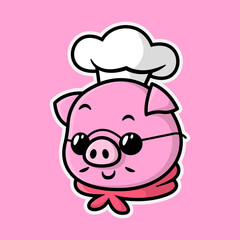 FUNNY PIG CHEF IS WEARING BLACK GLASSES CARTOON MASCOT LOGO.