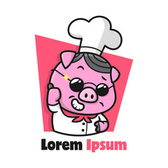 HALF BODY FUNNY PIG CHEF IS SMILING AND GIVES THUMBS UP CARTOON MASCOT DESIGN. 