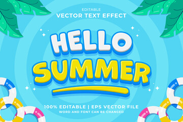 Editable text effect Hello Summer 3d Cartoon template style premium vector