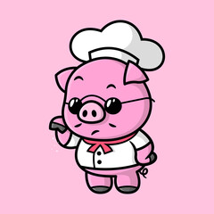 CUTE FACE PIG IS WEARING BLACK GLASSES AND CHEF CLOTHING AND POURING SALT. CARTOON MASCOT DESIGN. 