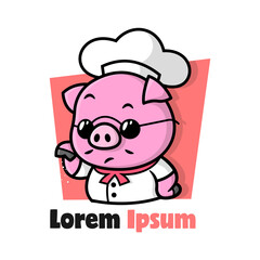 FUNNY FACE PIG CHEF IS WEARING BLACK GLASSES AND POURING SALT CARTOON MASCOT DESIGN.