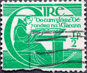 Ireland - circa 1944: a postage stamp from Ireland , showing the portrait of the chronicler, scribe...
