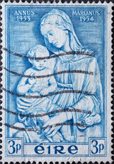 Ireland - circa 1954: a postage stamp from Ireland, showing the portrait of the sculpture of Mary...