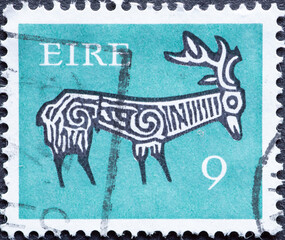 Ireland - circa 1971: a postage stamp from Ireland, showing a Stylized Stag, 8th Century