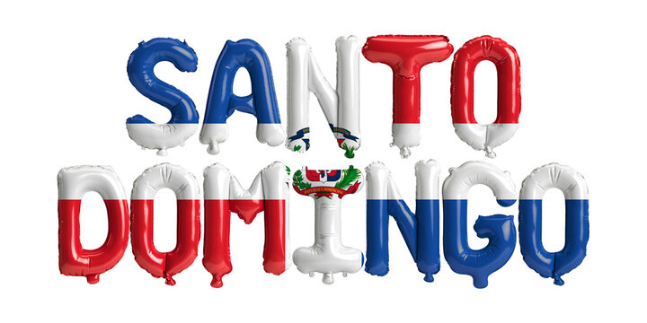 3d illustration of Santo Domingo capital balloons with Dominican Ripublic flags color isolated on white