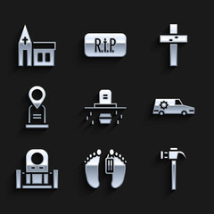 Set Grave with coffin, Dead body, Hammer, Hearse car, tombstone, Location grave, Christian cross and Church building icon. Vector