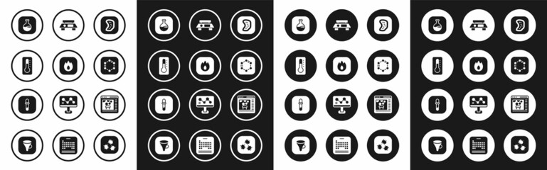Set Bacteria, Fire flame, Medical thermometer, Test tube and flask, Formula of benzene rings, Electronic scales, Chemical online and Pipette icon. Vector