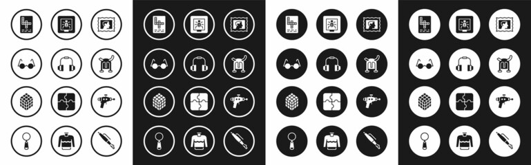 Set Postal stamp, Headphones, Eyeglasses, Crossword, Viking in horned helmet, Insects frame, Ray gun and Rubik cube icon. Vector