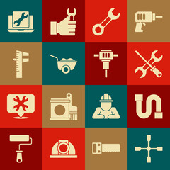 Set Wheel wrench, Industry pipe, Screwdriver and, Wrench spanner, Wheelbarrow, Calliper or caliper scale, Laptop service and Construction jackhammer icon. Vector