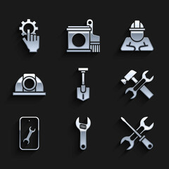 Set Shovel, Adjustable wrench, Screwdriver and, Hammer, Mobile service, Worker safety helmet, Builder and Settings in the hand icon. Vector
