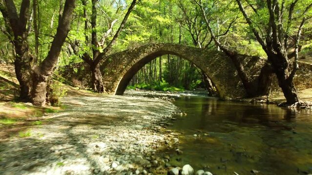 Venetian bridge in the forest over the green river in the Troodos mountains on the island of Cyprus in spring.