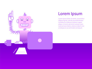 A smiling robot sits at a desktop with a laptop.