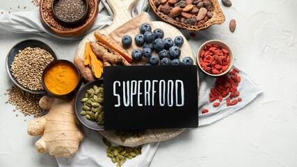 Healthy food clean eating selection on light background.