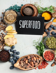 Healthy food clean eating selection on light background.