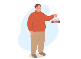 Obese young man with cake. Character with birthday present for friends.
