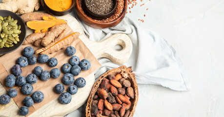 Healthy food clean eating selection on light background.