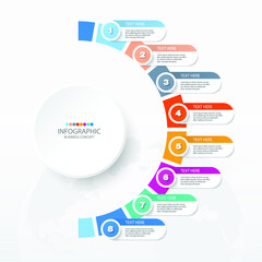Basic circle infographic template with 8 steps, process or options, process chart, Used for process diagram, presentations, workflow layout, flow chart, infograph. Vector eps10 illustration.