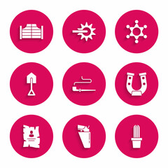 Set Smoking pipe, Revolver gun holster, Cactus peyote pot, Horseshoe, Wanted western poster, Shovel, Hexagram sheriff and Saloon door icon. Vector