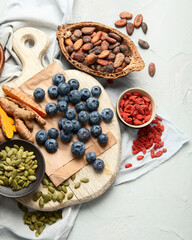 Healthy food clean eating selection on light background.