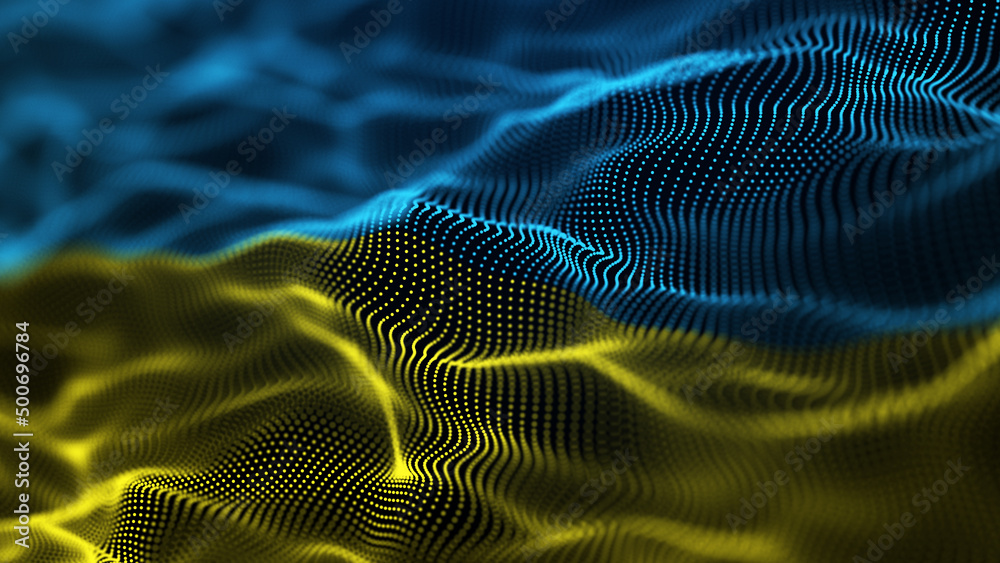 Poster ukraine flag futuristic point wave. stop war. abstract background with a dynamic wave. 3d rendering