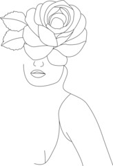 Woman face with flowers single line drawing continuous line art flower bouquet in woman head single line art vector line illustration natural cosmetics simple black and white drawing art.