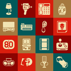 Set Skateboard trick, Joystick, Photo, Telephone handset, Music synthesizer, Old video cassette player, Floor lamp and Ear with earring icon. Vector