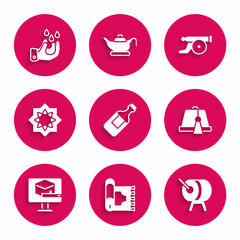 Set Bottle of water, Traditional carpet, Ramadan drum, Turkish hat, Kaaba mosque, Octagonal star, cannon and Wudhu icon. Vector