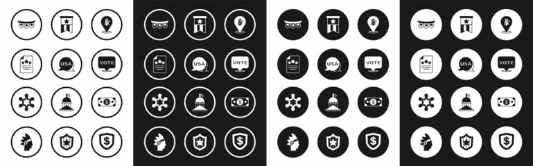 Set Eagle, USA Independence day, Declaration of independence, Carnival garland with flags, Vote, American, Stacks paper money cash and Hexagram sheriff icon. Vector