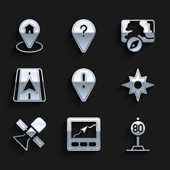 Set Location with exclamation mark, Gps device map, Speed limit traffic, Wind rose, Satellite, City navigation, and house icon. Vector