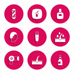 Set Hair clipper, Human hair follicle, Oil bottle, for care treatment, dryer, Hairstyle, Aftershave and Classic Barber shop pole icon. Vector