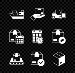 Set Cargo ship with boxes delivery, Delivery hand, Forklift truck, Conveyor belt, ackage check mark, Carton cardboard, Cardboard calendar and icon. Vector