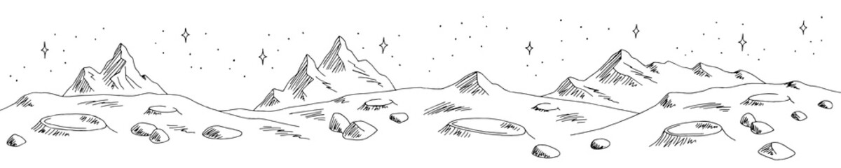 Alien planet graphic black white space long landscape sketch illustration vector 