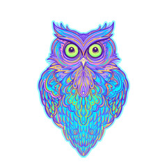 Cute abstract owl and psychedelic ornate pattern. Character tattoo design for pet lovers, artwork for print, textiles. Detailed vector illustration. Totem animal.