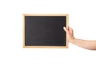 Man holding a small blackboard with white background and copy space.