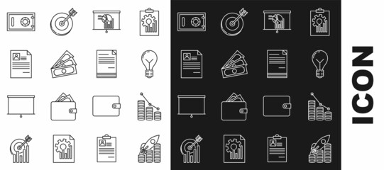 Set line Rocket flying up on coins growth chart, Pie infographic and, Light bulb with concept of idea, Board, Stacks paper money cash, Resume, Safe and Document icon. Vector