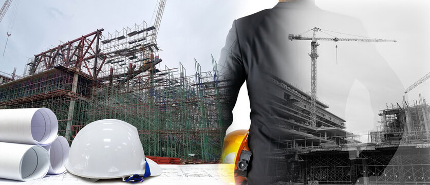 Double Exposure Building Construction Engineering Project Concept Graphic designers, architects or construction workers with modern technology and equipment.